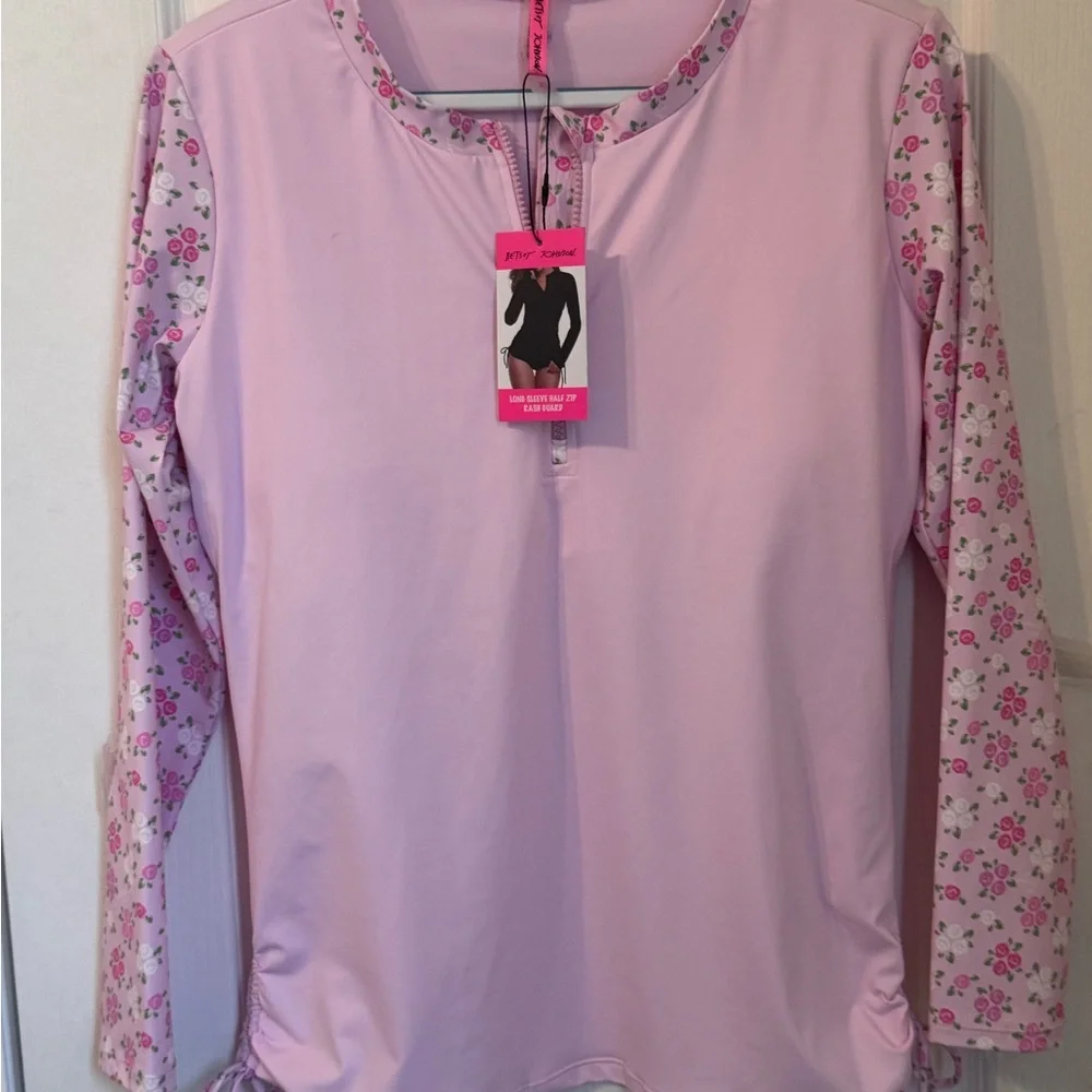 BETSEY JOHNSON RASH GUARD SWIM TOP. LONG SLEEVE UPF 50. SIZE L PINK FLORAL - Picture 9 of 13